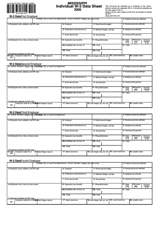 Form 80-107-06-3-1-000 - Individual W-2 Data Sheet - 2006 Printable pdf