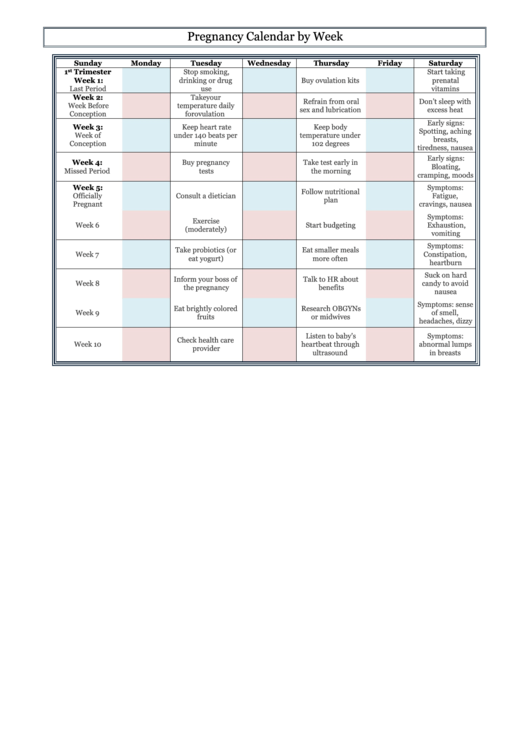 Pregnancy Calendar By Week Template Printable Pdf Download