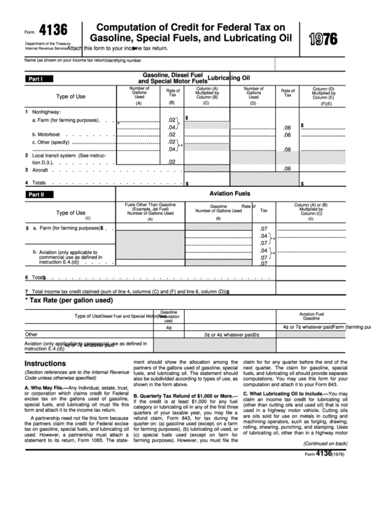 Form 4136 - Computation Of Credit For Federal Tax On Gasoline, Special Fuels, And Lubricating Oil - 1976 Printable pdf