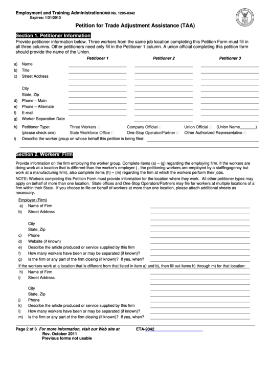 Form Eta-9042 - Petition For Trade Adjustment Assistance (Taa) - 2011 Printable pdf