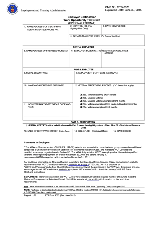 Form 1205-0371 - Employer Certification Work Opportunity Tax Credit Printable pdf