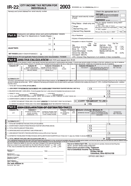 Fillable Form Ir-22 - City Income Tax Return For Individuals - 2003 Printable pdf