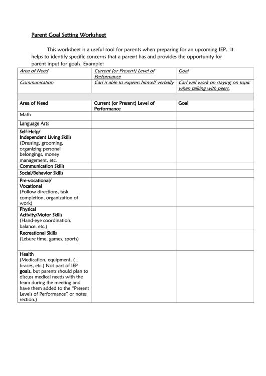 Parent Goal Setting Worksheet Printable pdf