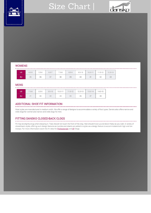 Dansko - Size Chart Printable pdf