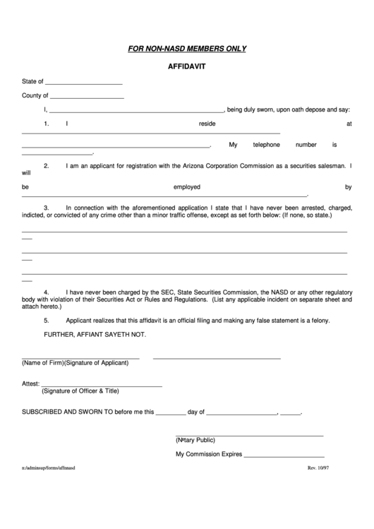 For Non-Nasd Members Only Affidavit Printable pdf