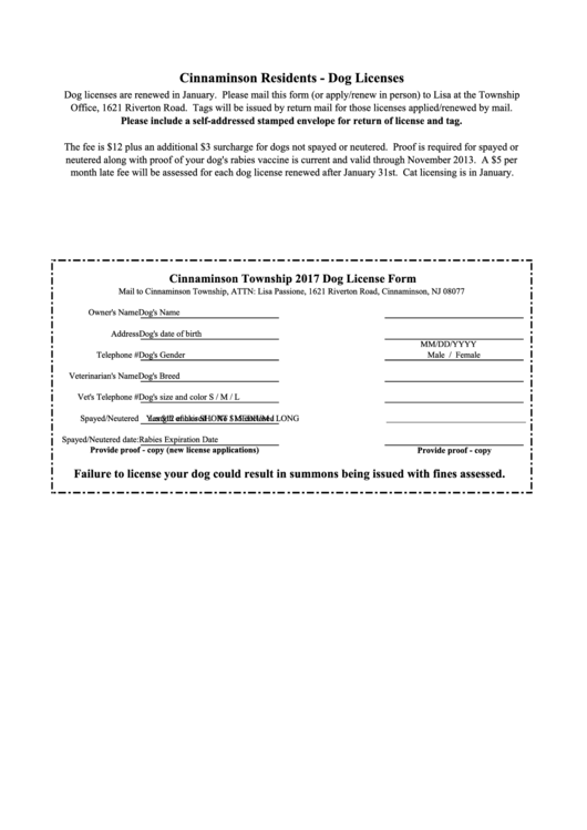 Cinnaminson Township 2017 Dog License Form Printable pdf