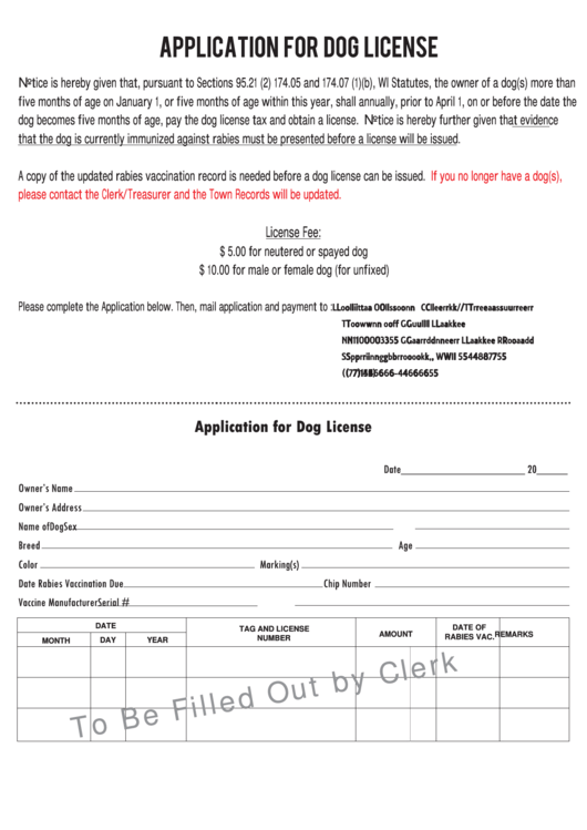 Application For Dog License Printable pdf
