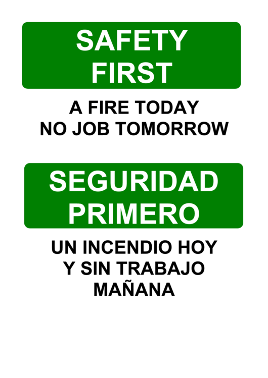 Safety First Bilingual Sign Template Printable pdf