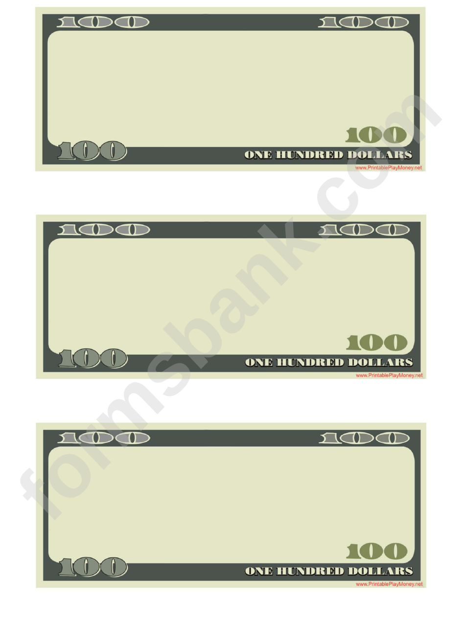One Hundred Dollars Play Money Template printable pdf download