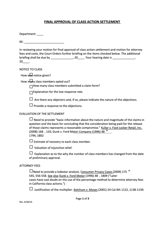 Fillable Final Approval Of Class Action Settlement Printable pdf