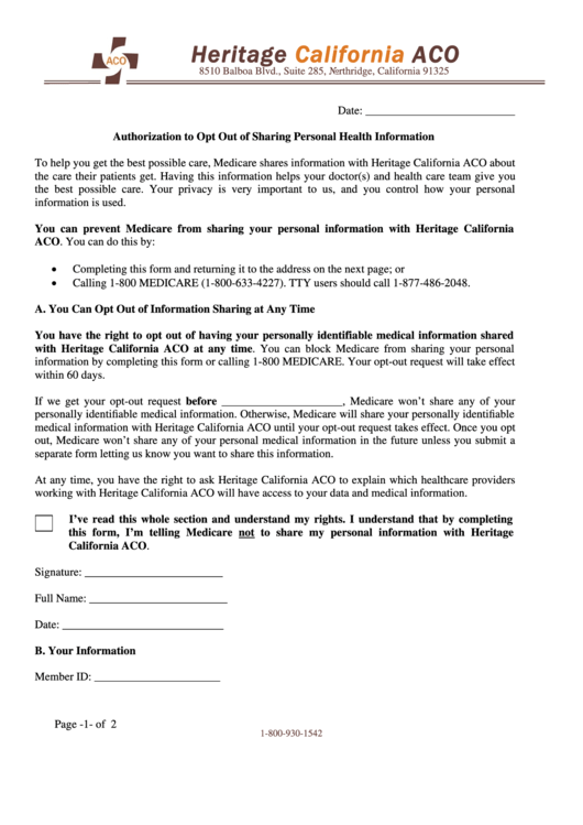 Authorization To Opt Out Of Sharing Personal Health Information Printable pdf