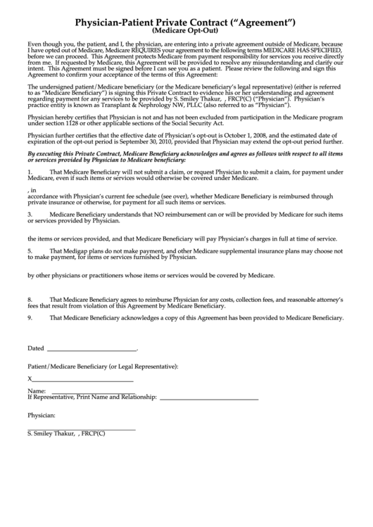 Physician-Patient Private Contract Printable pdf