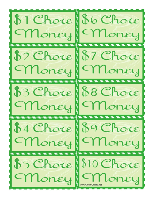 Green Chore Money Template Printable pdf