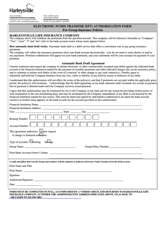 Electronic Funds Transfer (Eft) Authorization Form Printable pdf