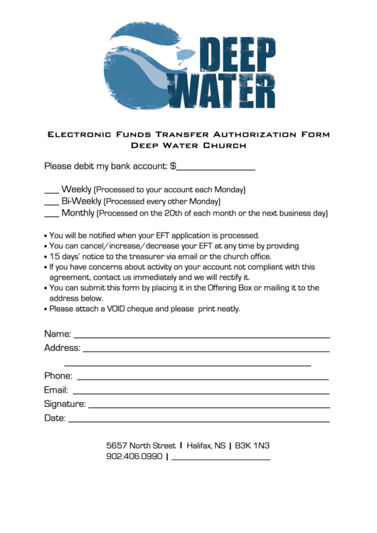 Electronic Funds Transfer Authorization Form Deep Water Church Printable pdf