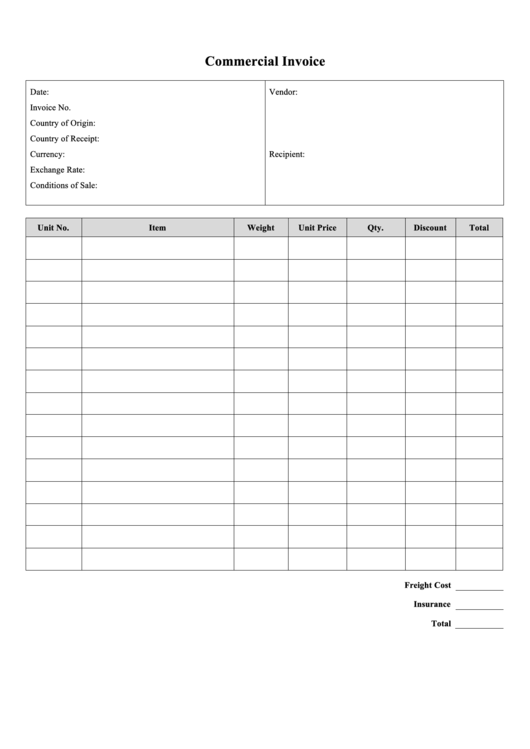Commercial Invoice Printable pdf
