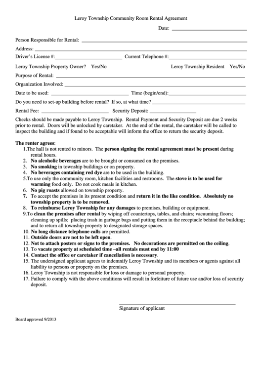 Leroy Township Community Room Rental Agreement Template