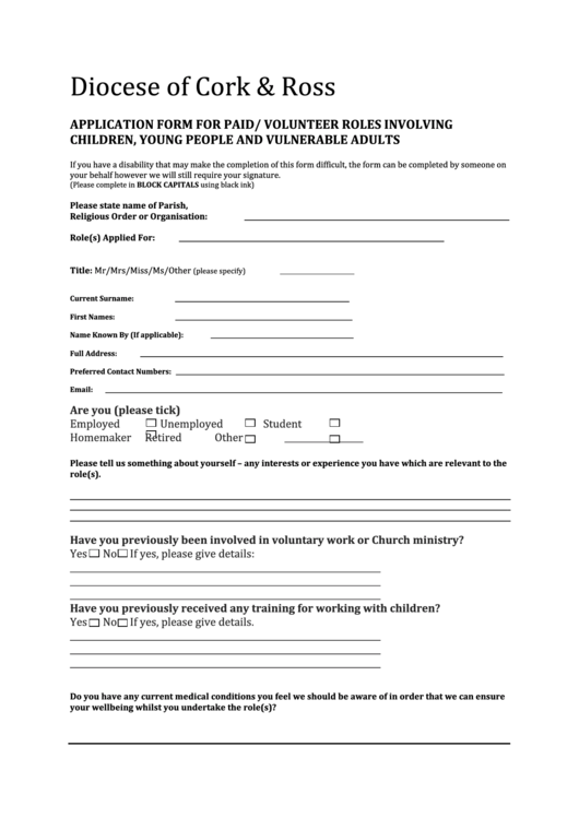 Application Form For Paid/ Volunteer Roles Involving Children, Young People And Vulnerable Adults Printable pdf