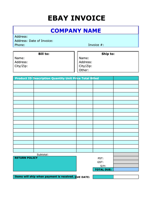 Blank Ebay Invoice Template Printable pdf