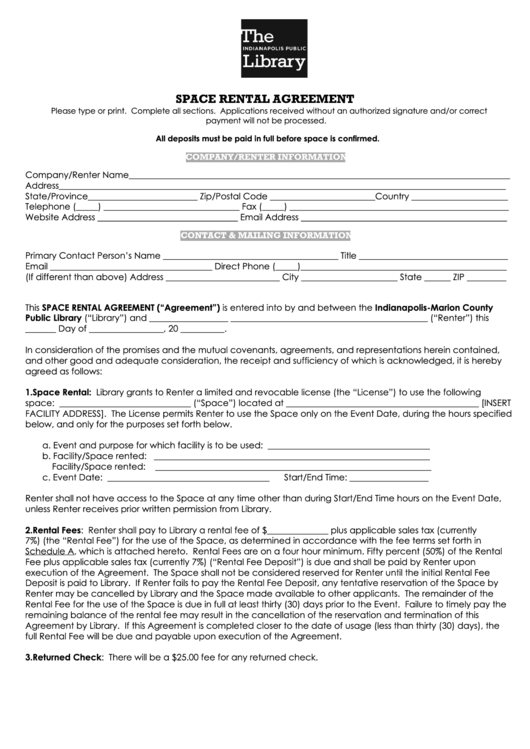 Indianapolis Marion County Public Library Space Rental Agreement Form Printable pdf