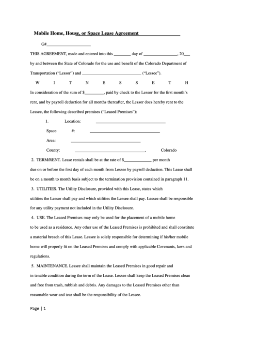 Mobile Home, House, Or Space Lease Agreement Form