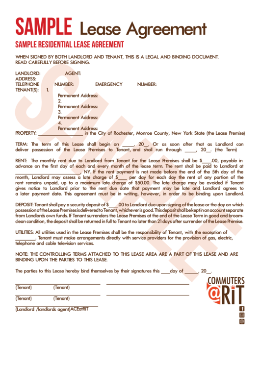 Sample Residential Lease Agreement Form - Monroe County, New York State Printable pdf