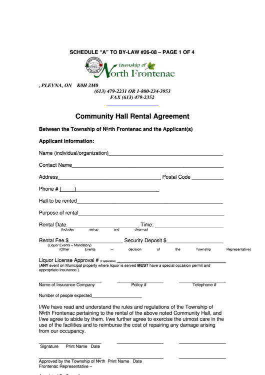 Township Of North Frontenac Community Hall Rental Agreement Form - Plevna, Ontario Printable pdf