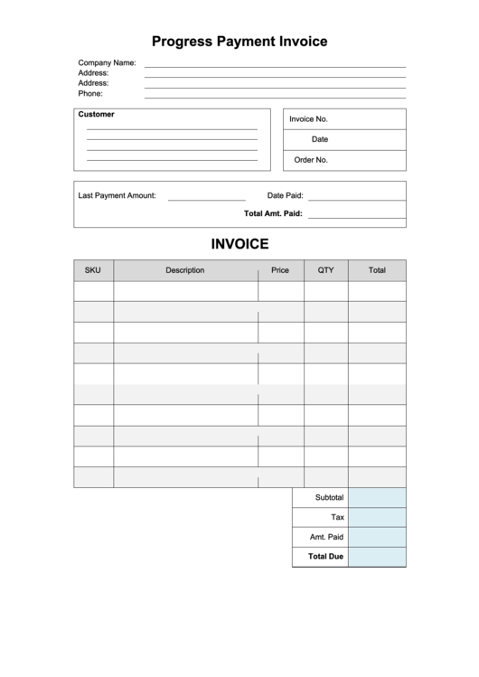 Progress Payment Invoice Template Printable pdf