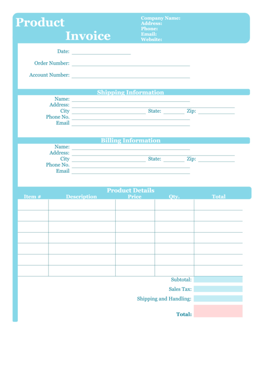 Product Invoice Template Printable pdf