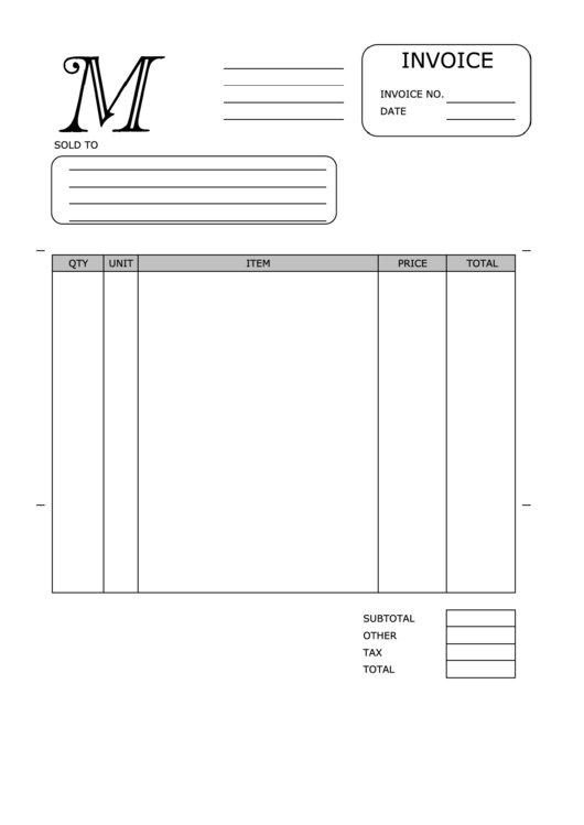 Monogram M Invoice Template Printable pdf