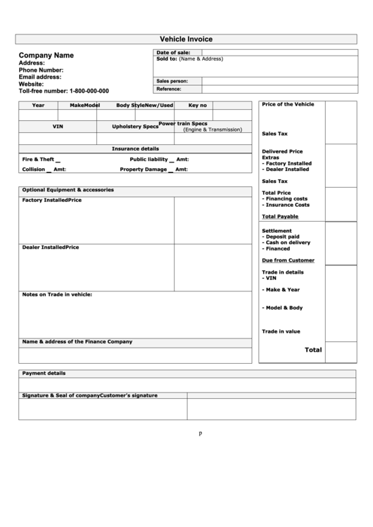 Vehicle Invoice Template printable pdf download