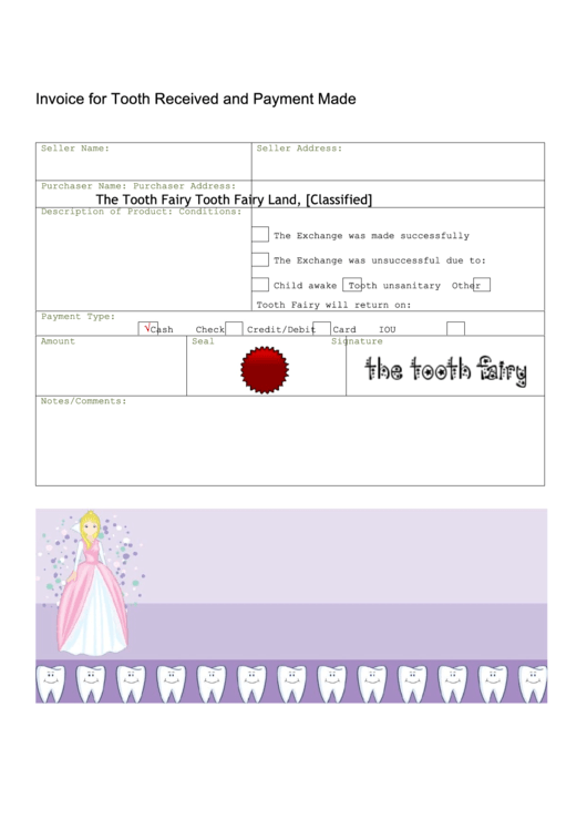 Tooth Fairy Invoice Template Printable pdf