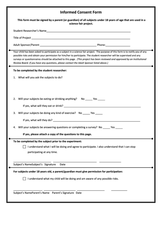 Science Fair Project Informed Consent Form Printable pdf