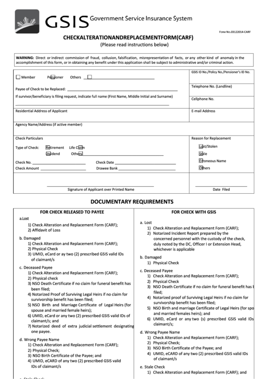Check Alteration And Replacement Form (Carf) Printable pdf