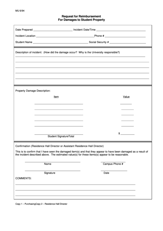 Fillable Request For Reimbursement For Damages To Student Property Printable pdf