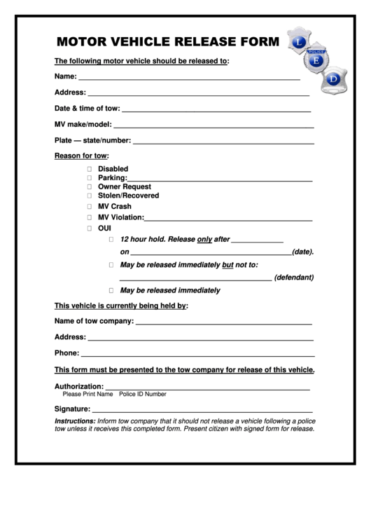 Motor Vehicle Release Form Printable pdf