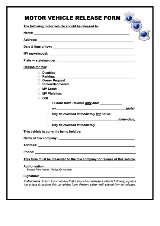 Motor Vehicle Release Form Printable Pdf Download
