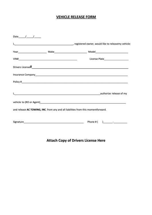 Vehicle Release Form Printable pdf