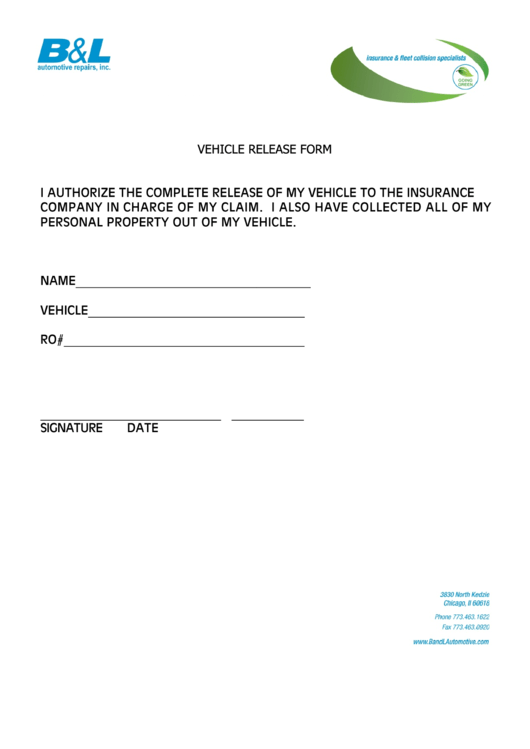 Vehicle Release Form Printable pdf