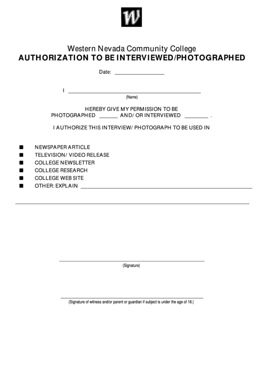 Western Nevada Community College Authorization To Be Interviewed/photographed Printable pdf