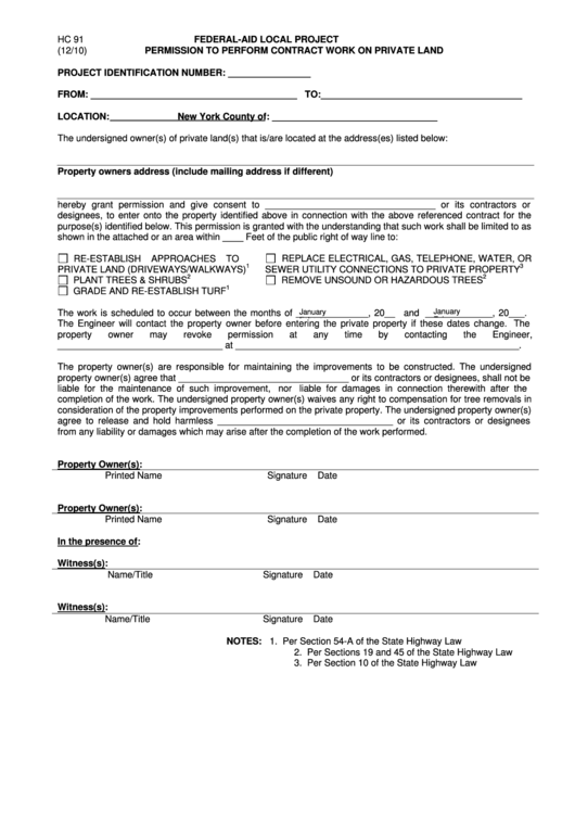 Fillable Form Hc-91 - Permission To Perform Contract Work On Private Land Printable pdf