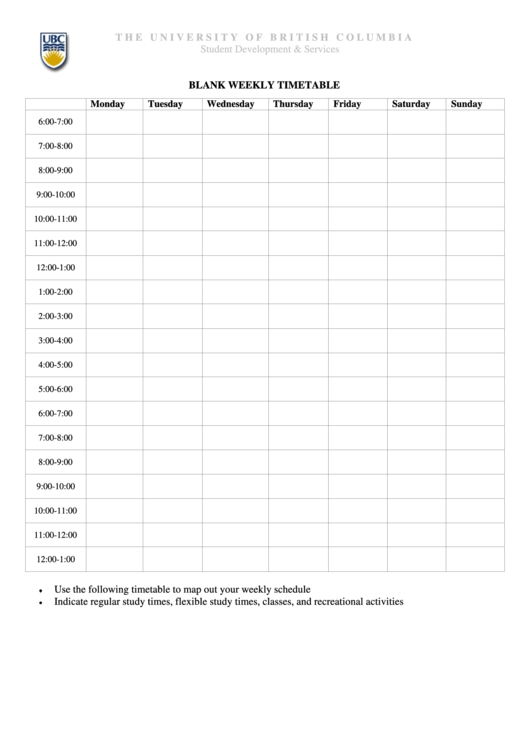 Weekly Timetable Template Printable pdf