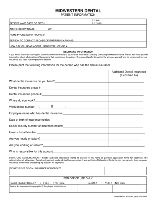 Dental Patient Information Form Printable pdf