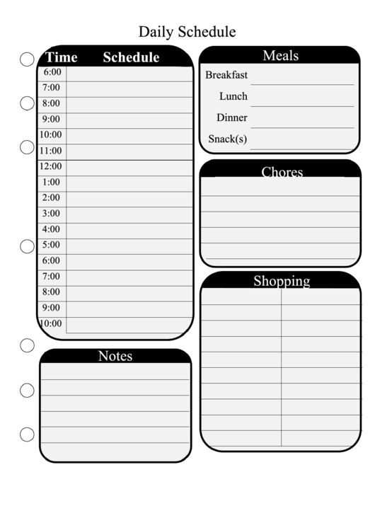 Daily Schedule Template Black And White Printable pdf