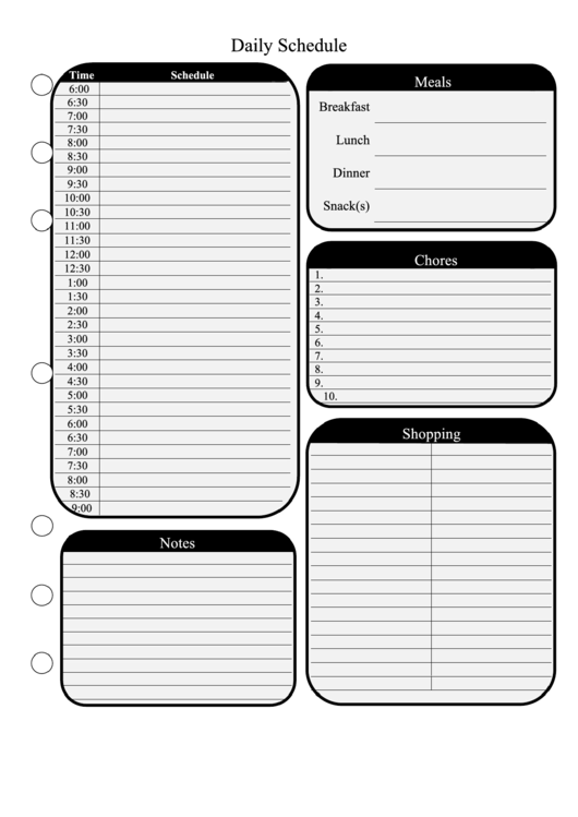 Daily Schedule Template - Black And White Printable pdf