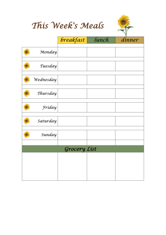 Daily Meal Planner With Grocery List Printable pdf