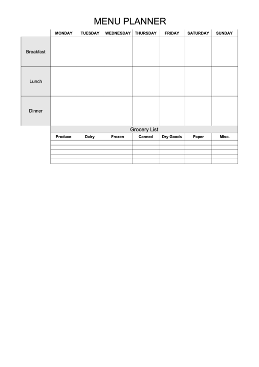 Menu Planner Template With Grocery List Printable pdf