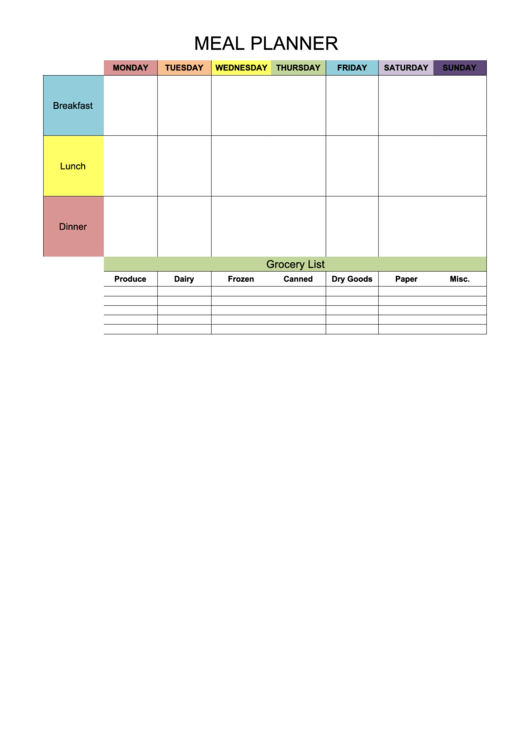 Meal Planner With Grocery List - Color Printable pdf