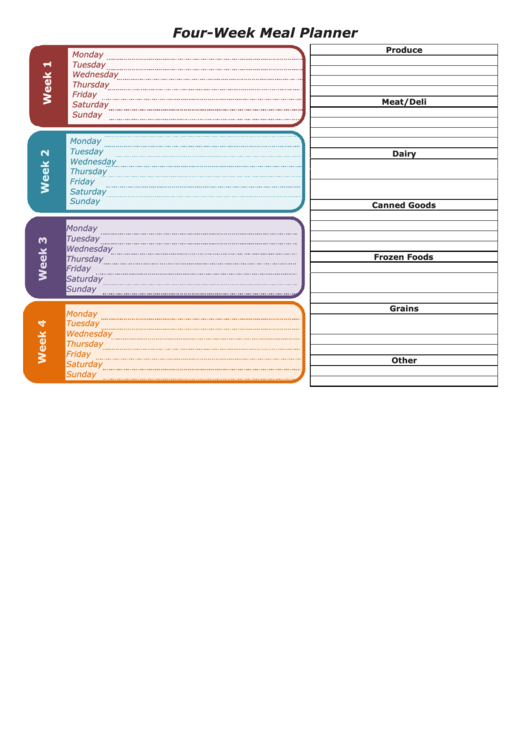 Four-Week Meal Planner Template With Grocery List Printable pdf