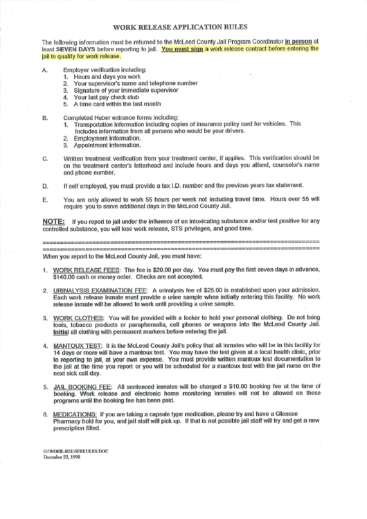 Mcleod County Jail Work Release Entrance Form Printable pdf